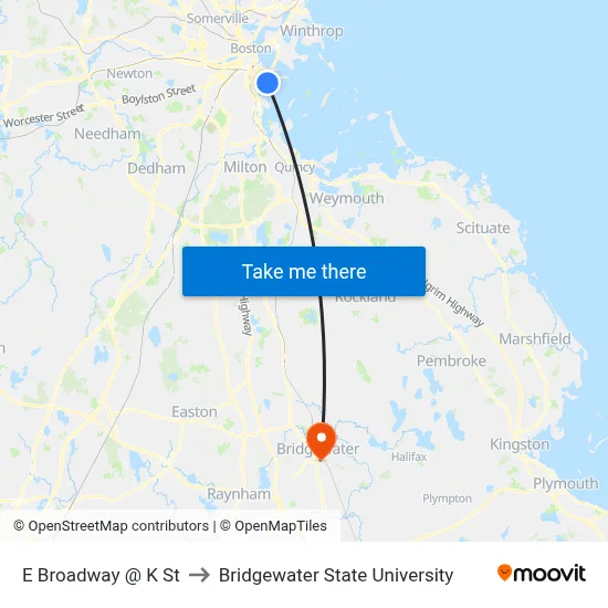 E Broadway @ K St to Bridgewater State University map