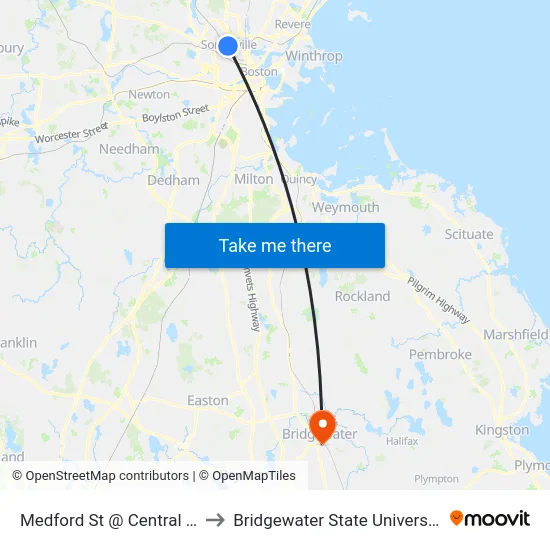 Medford St @ Central St to Bridgewater State University map