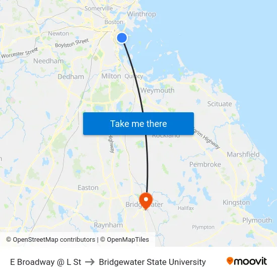 E Broadway @ L St to Bridgewater State University map