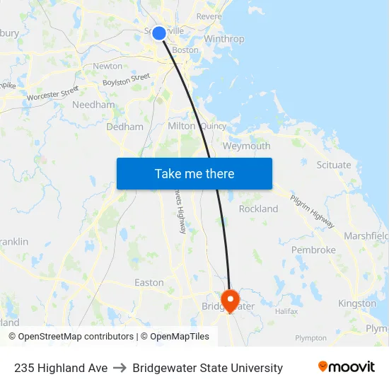 235 Highland Ave to Bridgewater State University map