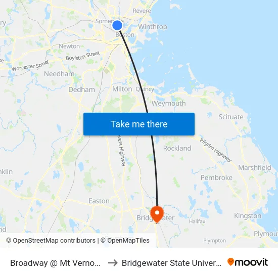 Broadway @ Mt Vernon St to Bridgewater State University map