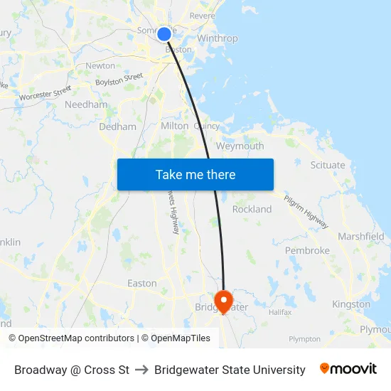 Broadway @ Cross St to Bridgewater State University map