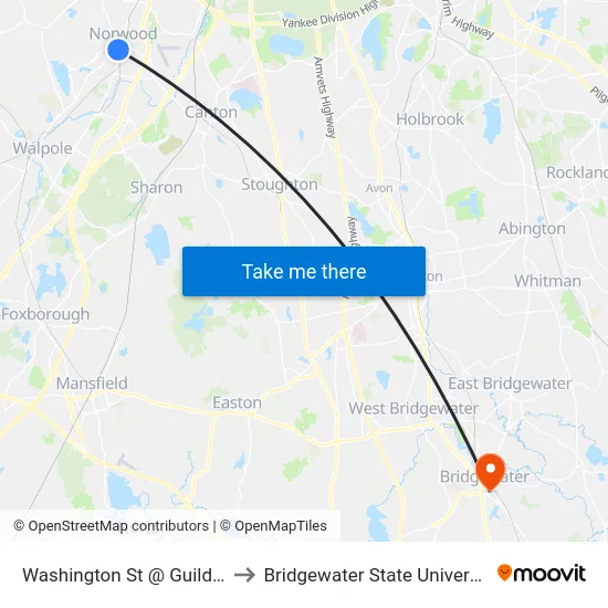 Washington St @ Guild St to Bridgewater State University map