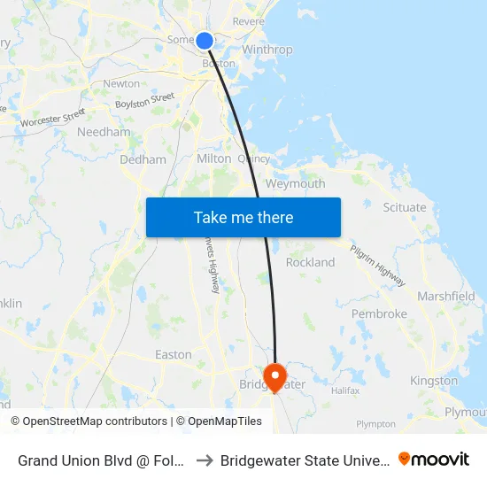 Grand Union Blvd @ Foley St to Bridgewater State University map