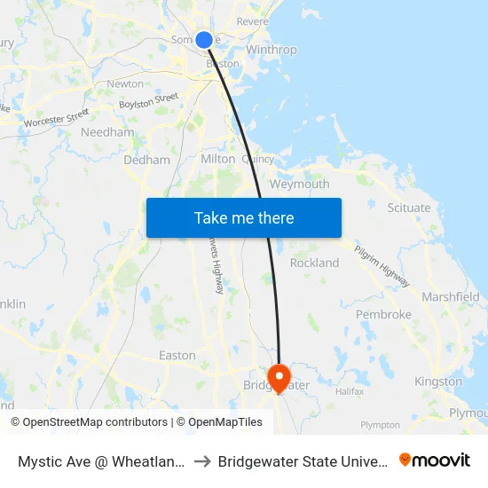Mystic Ave @ Wheatland St to Bridgewater State University map