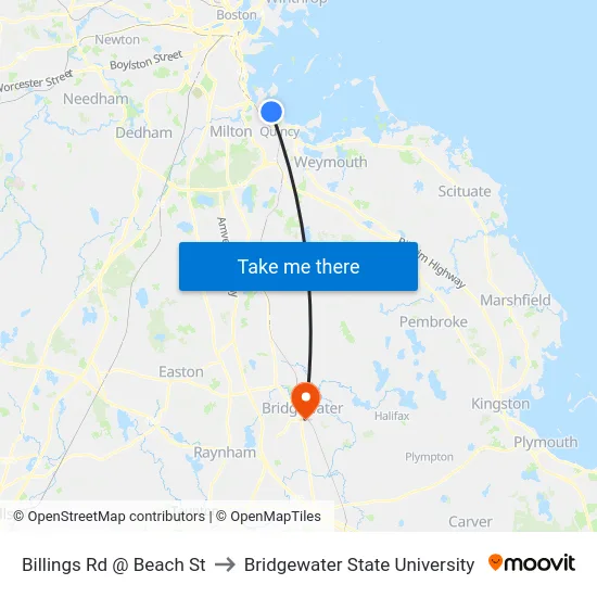 Billings Rd @ Beach St to Bridgewater State University map