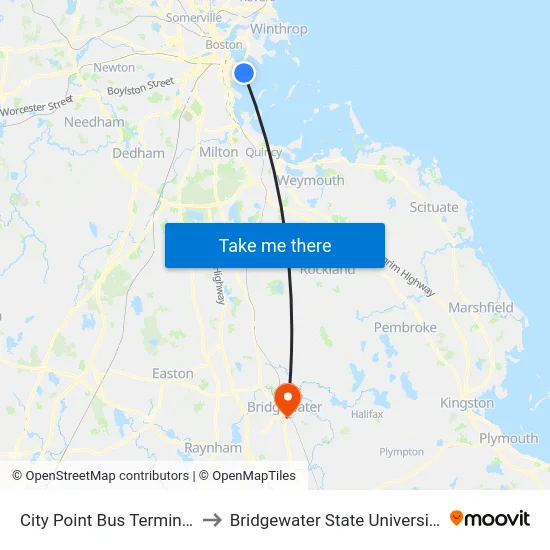 City Point Bus Terminal to Bridgewater State University map