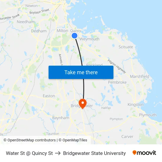 Water St @ Quincy St to Bridgewater State University map