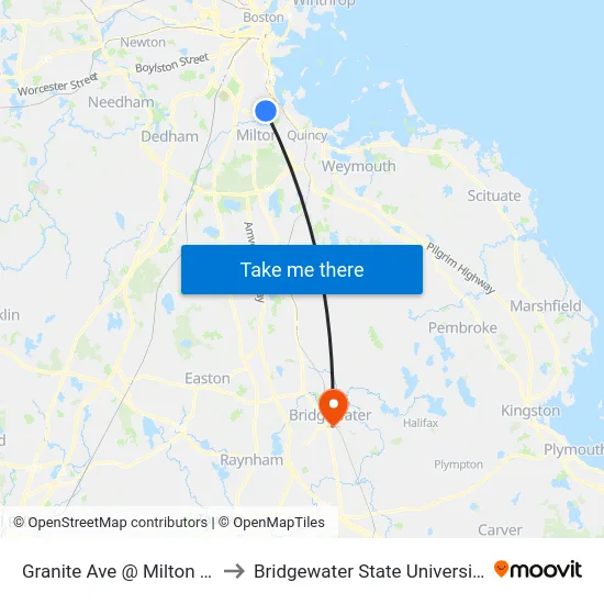 Granite Ave @ Milton St to Bridgewater State University map