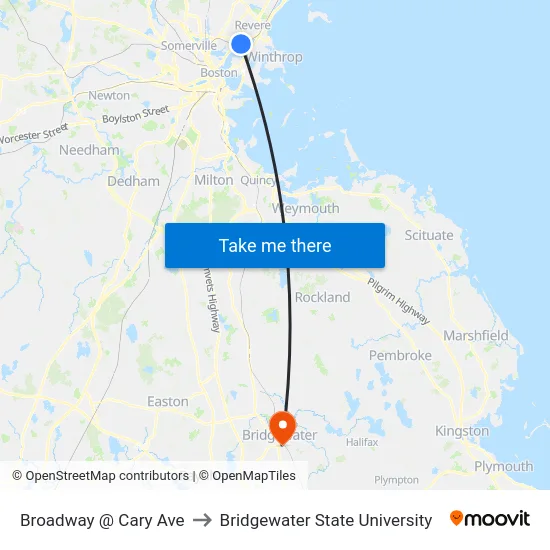 Broadway @ Cary Ave to Bridgewater State University map
