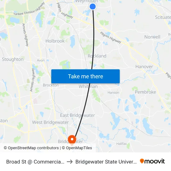 Broad St @ Commercial St to Bridgewater State University map