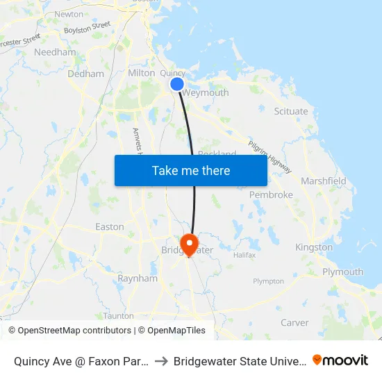 Quincy Ave @ Faxon Park Rd to Bridgewater State University map