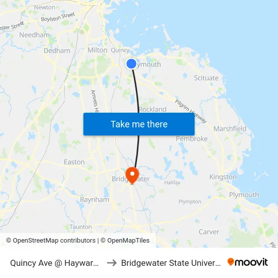 Quincy Ave @ Hayward St to Bridgewater State University map