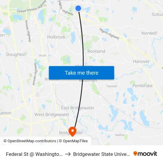 Federal St @ Washington St to Bridgewater State University map
