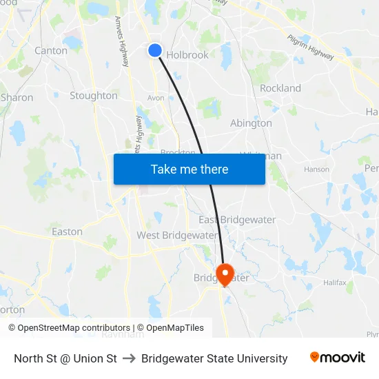 North St @ Union St to Bridgewater State University map