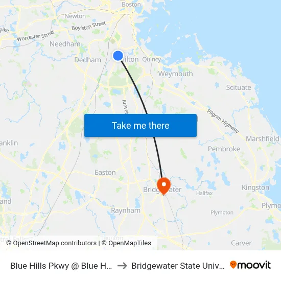 Blue Hills Pkwy @ Blue Hill Ave to Bridgewater State University map