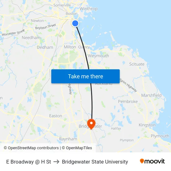 E Broadway @ H St to Bridgewater State University map