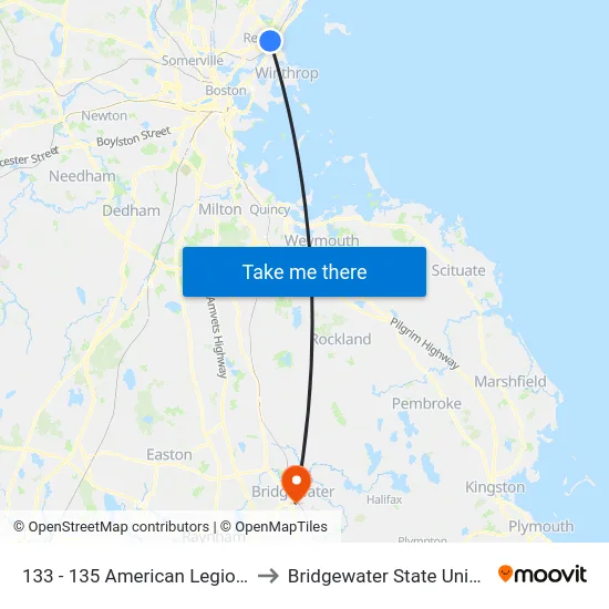 133 - 135 American Legion Hwy to Bridgewater State University map