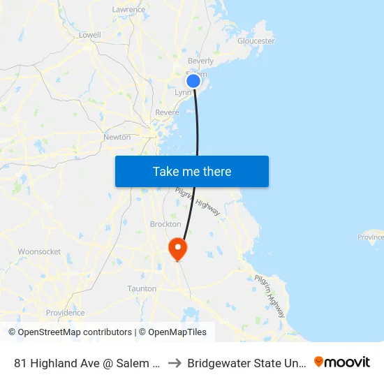 81 Highland Ave @ Salem Hospital to Bridgewater State University map