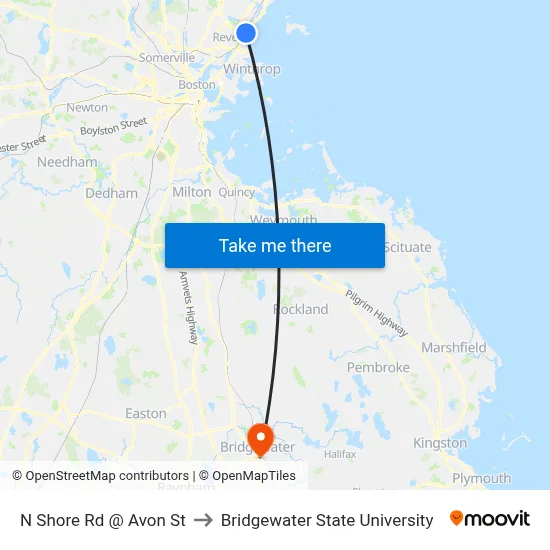 N Shore Rd @ Avon St to Bridgewater State University map