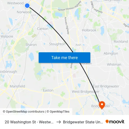 20 Washington St - Westwood Line to Bridgewater State University map