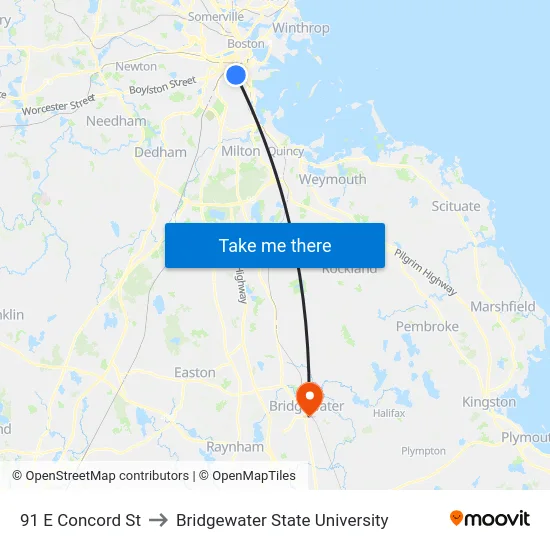 91 E Concord St to Bridgewater State University map