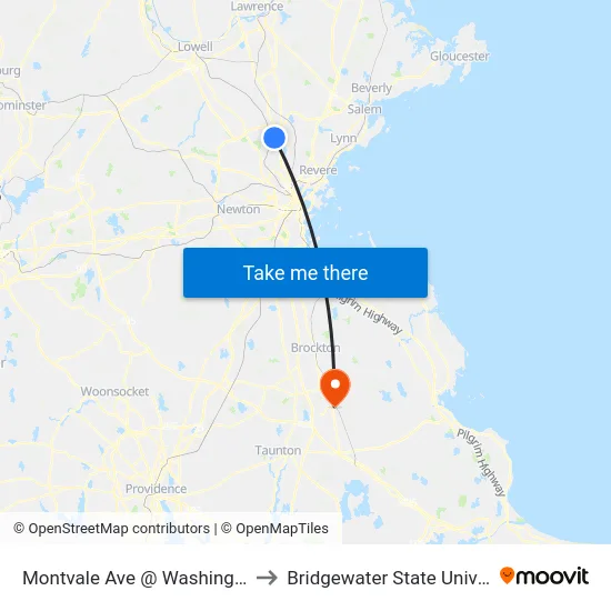 Montvale Ave @ Washington St to Bridgewater State University map