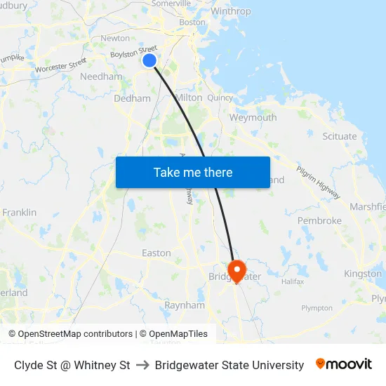 Clyde St @ Whitney St to Bridgewater State University map
