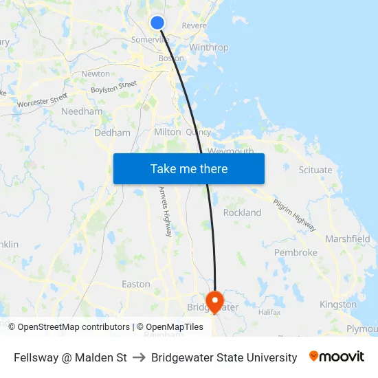 Fellsway @ Malden St to Bridgewater State University map