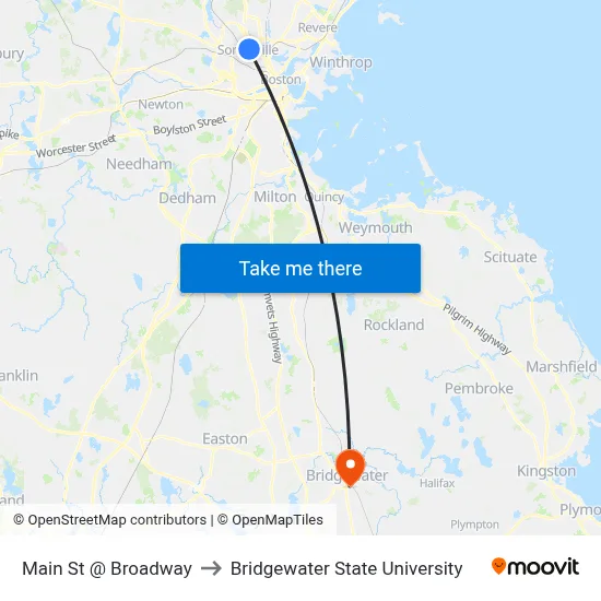 Main St @ Broadway to Bridgewater State University map