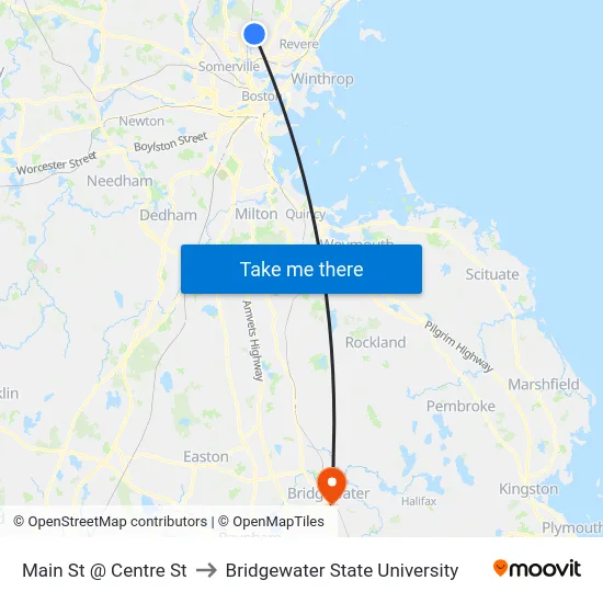 Main St @ Centre St to Bridgewater State University map