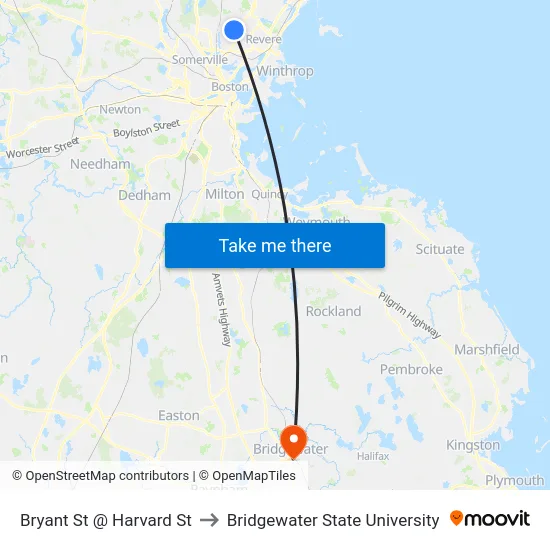 Bryant St @ Harvard St to Bridgewater State University map