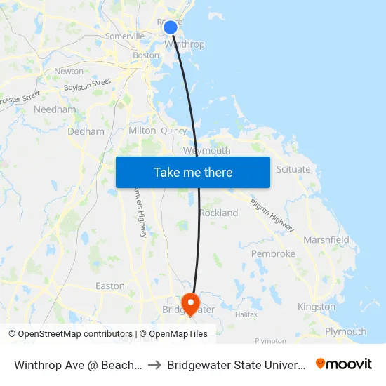 Winthrop Ave @ Beach St to Bridgewater State University map