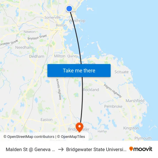 Malden St @ Geneva St to Bridgewater State University map