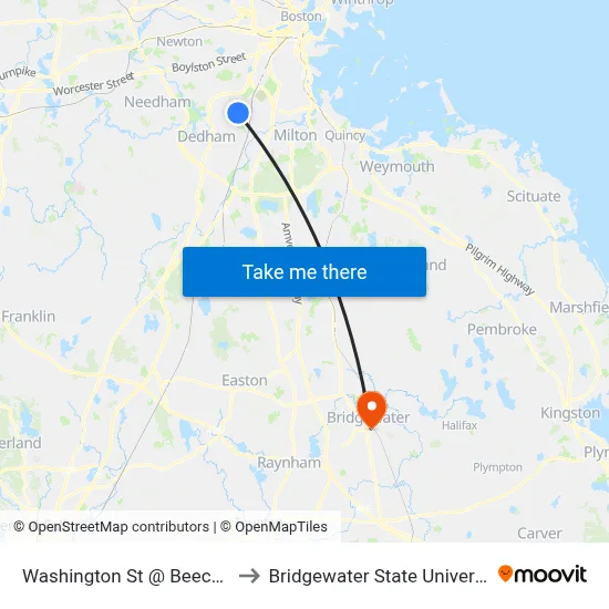 Washington St @ Beech St to Bridgewater State University map