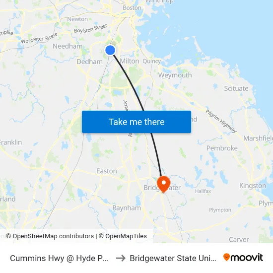 Cummins Hwy @ Hyde Park Ave to Bridgewater State University map