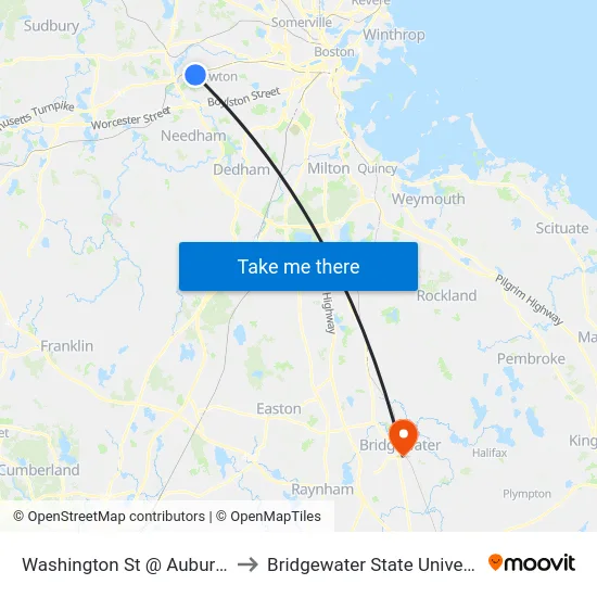 Washington St @ Auburn St to Bridgewater State University map