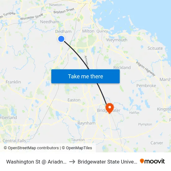 Washington St @ Ariadne Rd to Bridgewater State University map