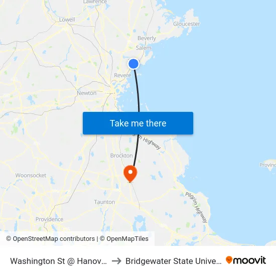Washington St @ Hanover St to Bridgewater State University map