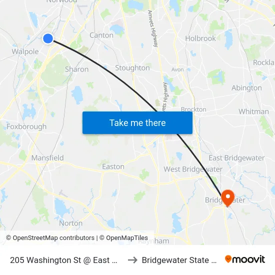 205 Washington St @ East Walpole Loop to Bridgewater State University map
