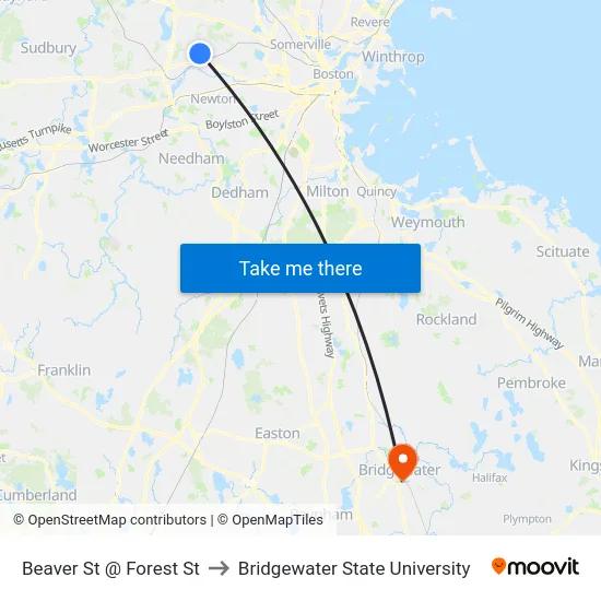 Beaver St @ Forest St to Bridgewater State University map