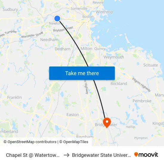 Chapel St @ Watertown St to Bridgewater State University map