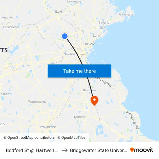 Bedford St @ Hartwell Ave to Bridgewater State University map