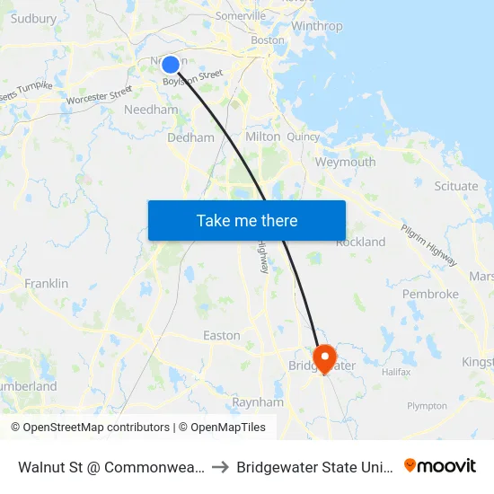 Walnut St @ Commonwealth Ave to Bridgewater State University map