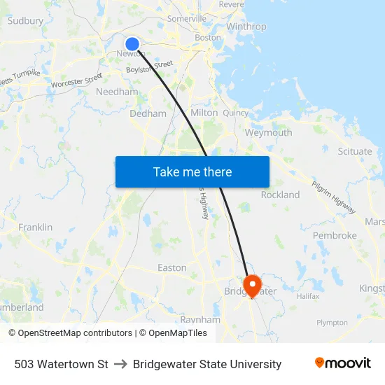 503 Watertown St to Bridgewater State University map