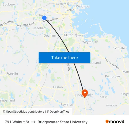 791 Walnut St to Bridgewater State University map