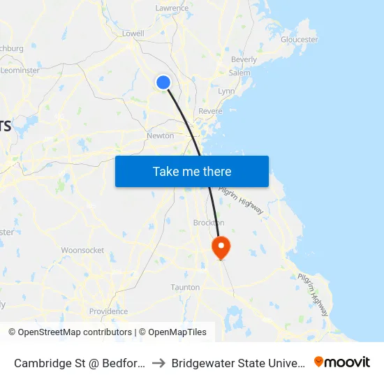 Cambridge St @ Bedford St to Bridgewater State University map