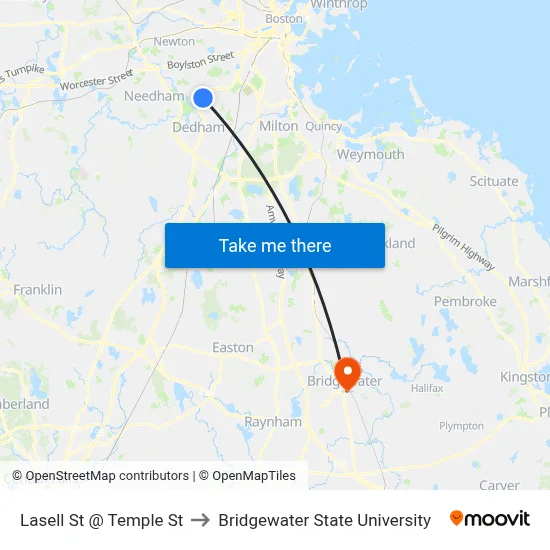 Lasell St @ Temple St to Bridgewater State University map
