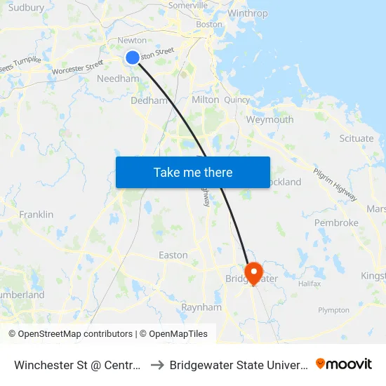 Winchester St @ Centre St to Bridgewater State University map