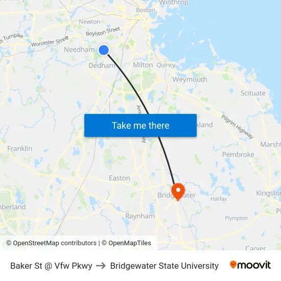 Baker St @ Vfw Pkwy to Bridgewater State University map